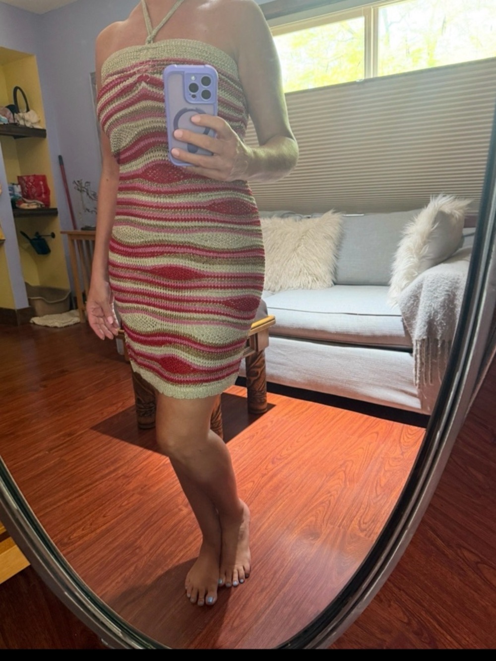 FARM Rio Halter Knit Mini Dress in cream and Raspberry.